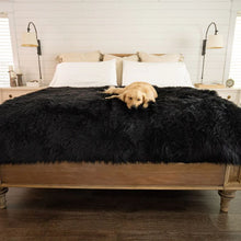 a golden retriever sleeping on a black furry dog blanket on top of a wooden bed with white pillows and two bedside drawers with lamp