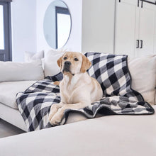 a close up image of a labrador retriever laying on a black and white checkered pattern dog blanket in a white couch with white drawers on the background