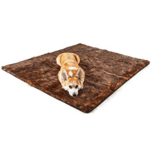 full view image of a brown furry dog blanket with a corgi laying on it 