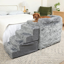 a fluffy dachshund laying on top of a grey fluffy deg bedside sleeper next to a white bed and an olive green chair in a modern bedroom setting 
