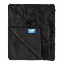 a folded black furry dog bed with non slip bottom and a blue tag for paw.com