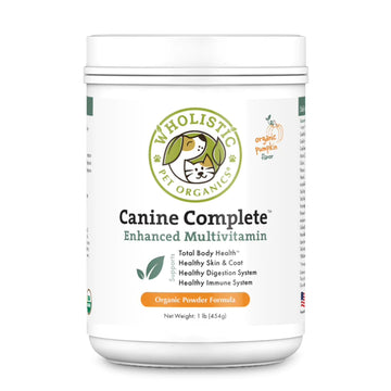 A bottle of canine complete new organic pumpkin flavor