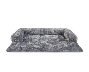 a grey fluffy couch lounger with white background