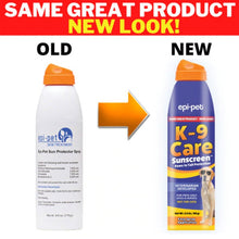A comparison image of old packaging versus the new packaging for Epi-Pet Sun Protector Sunscreen, 4oz