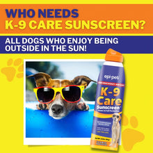 An image of a dog wearing sun glasses next to a bottle of Epi-Pet Sun Protector Sunscreen,