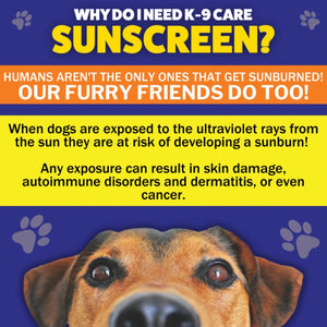 An image of a dog peeking at the bottom of the picture and an explanation why Epi-Pet Sun Protector Sunscreen, is needed