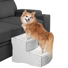A cure fluffy dog standing on a two step dog stair next to a balck couch with white background