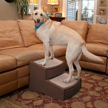 a big white dog standing on a chocolate two step dog stair next to a brown couch in the living room