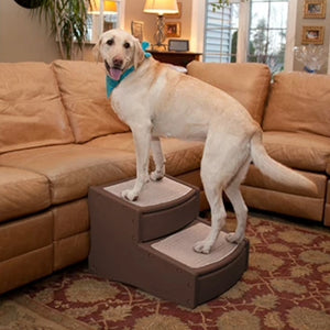 a big white dog standing on a chocolate two step dog stair next to a brown couch in the living room