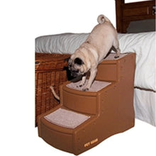 a pug descending a three step brown dog stair next to a brown bed with white beddings 