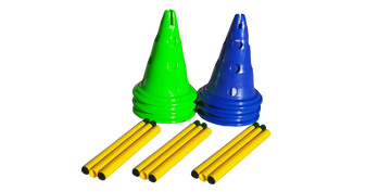 Blue and Green traffic cone like  dog mobility and agility trainer with yellow  adjustable interlocking rails 