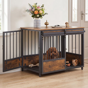 Dog Crate Furniture with Sliding Barn Door and Mat