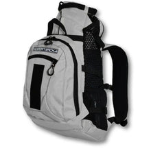 a grey dog backpack carrier with backpack straps and side pocket 