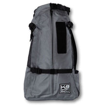 front view image of a grey dog backpack carrier with side pockets