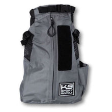 front view image of a grey  dog backpack carrier with side pockets