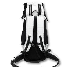 back view image of a white dog backpack carrier with safety lock on the backpack straps