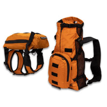 side and back view image of an orange dog backpack harness