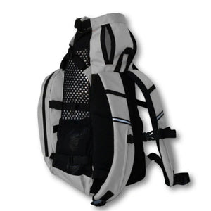 side view image of a grey dog backpack carrier with back pack strap and side pockets and safety waist lock