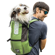 a man in grey wearing sunglasses carrying his dog on his back in a green dog backpack carrier