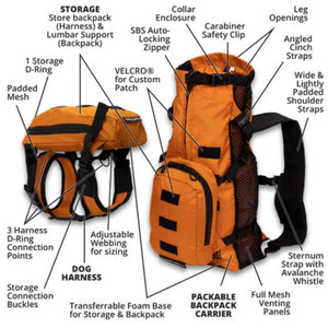 side and back view image of an orange dog backpack harness and it's specs 