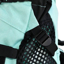 a close up view of a light blue backpack's side pocket