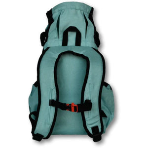 a back view image of a light blue dog backpack where you can see it's shoulder strap with a yellow safety lock