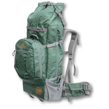 side view close up image of a green dog backpack carrier with side pockets 