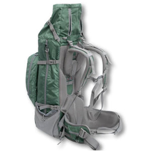 back view image of a green dog backpack carrier where you can see the back pack straps and belt strap on it 