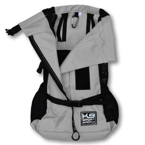 front view image of an opened grey dog backpack carrier with safety lock 