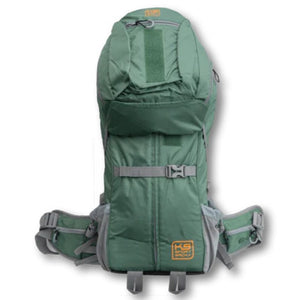 front view image of a green dog backpack carrier with side pockets and belt strap 