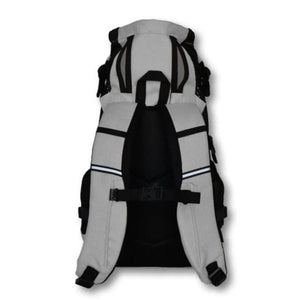 back view image of a grey dog backpack carrier where you can see a safety lock on the backpack straps 