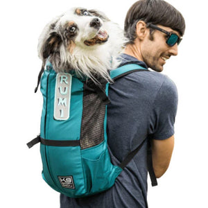 a man in grey wearing sunglasses carrying his dog on his back in a blue green dog backpack carrier