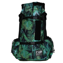 front view image of a green jungle themed dog backpack with side pockets