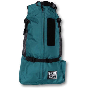 front view image of a blue  dog backpack carrier with side pockets