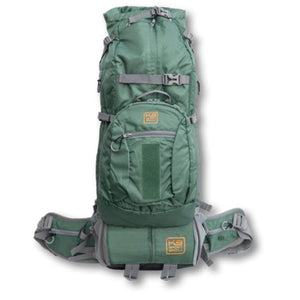 front view image of a green dog backpack carrier with side pockets and belt strap