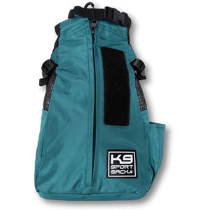 front image of a blue dog backpack carrier with side pockets