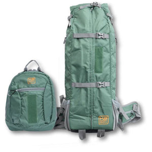 a pair of disassembled green dog backpack carrier with side pockets