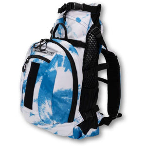 side view image of a white with blue accents dog backpack carrier with side pockets 