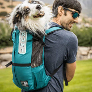 a man in grey wearing sunglasses carrying his dog on his back in a blue dog backpack carrier in hiking 