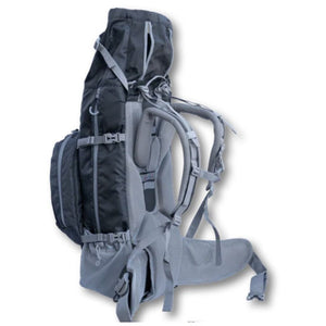 back view image of a blue dog backpack carrier with backpack straps and belt strap and side pockets