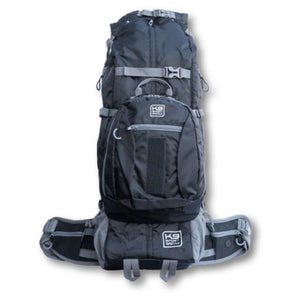 front view image of a blue dog backpack carrier with belt strap and side pockets