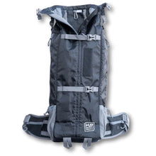 an opened blue dog backpack carrier with side pockets and safety belt strap