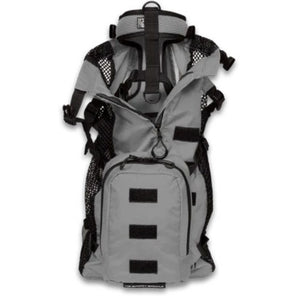 front image of a grey dog harness carrier with side pockets 