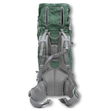 back view image of a green dog backpack carrier with backpack strap and belt strap