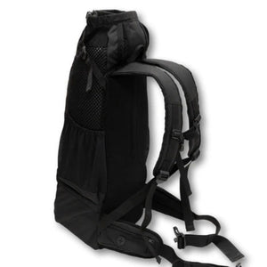 side view image of a black dog backpack carrier with side pockets and backpack straps 