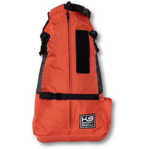 front view image of an orange dog backpack carrier with side pockets