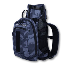 side view image of a blue camo dog backpack carrier with side pockets