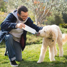 a man on the woods feeding water to his dog through a white portable dog water bottle kneeling on the grass 