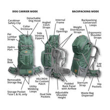 front , side and back view image of a green dog back pack carrier with it's specs