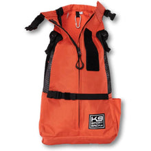 front image of an opened orange  dog backpack carrier with side pockets